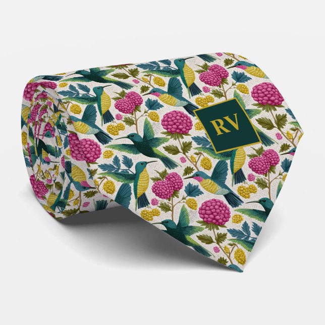 Kolibris med hallonblommor slips (Rullad)