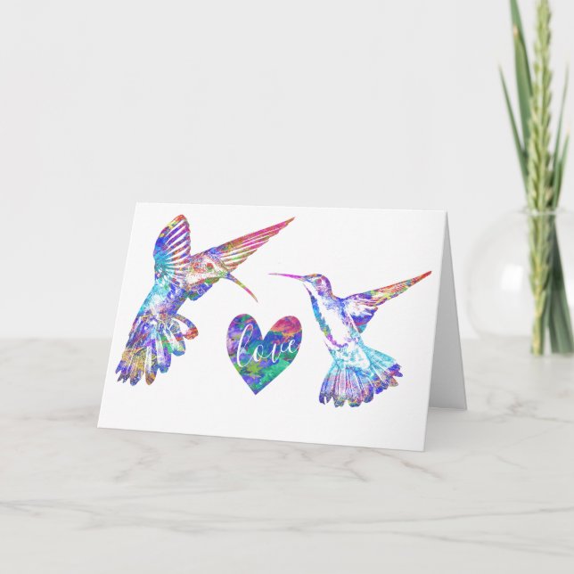 Kolibris och akvarell Kärlek Hjärtbröllop Kort (Framsida)