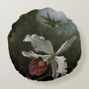 Kolibris och Vit Orchidéa av Martin J. Heade Rund Kudde