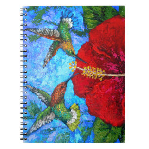 Kolibris Röd Hibiskus Blommig Målning Foto Anteckningsbok