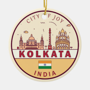 Kolkata India City Skyline Emblem Julgransprydnad Keramik