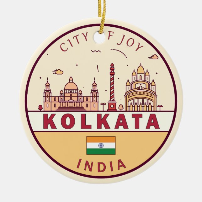 Kolkata India City Skyline Emblem Julgransprydnad Keramik (Framsidan)