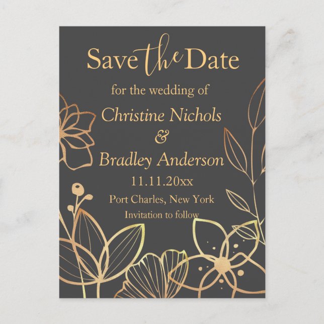 Kolkol och Guld Bröllop spara datum Vykort (Framsida)