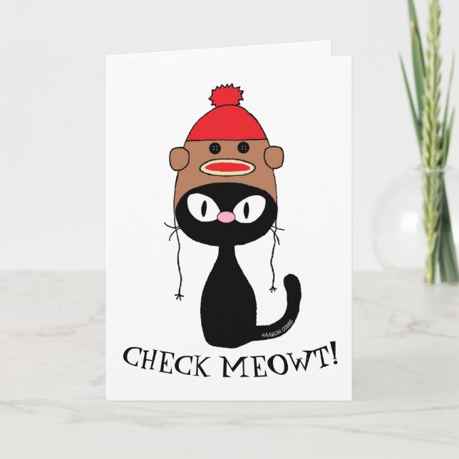 Kolla Meowt! Black Cat w Sock monkey Hat Birthday Kort (Framsida)