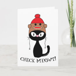 Kolla Meowt! Black Cat w Sock monkey Hat Birthday Kort