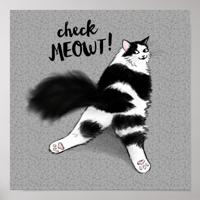 Kolla Meowt! Funny Black and White Cat Sploot Poster (Framsidan)