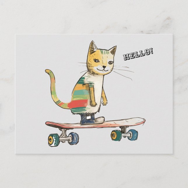 Kolla Meowt! Lustigt Coola Cat Skateboarding Postc Vykort (Framsida)