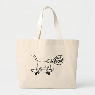 Kolla Meowt Punny Skateboarding Cat Black White Jumbo Tygkasse
