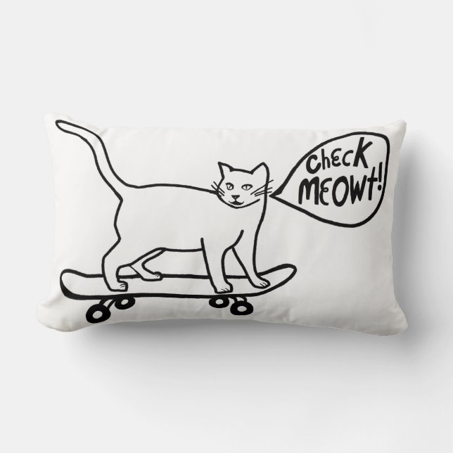 Kolla Meowt Punny Skateboarding Cat Black White Lumbarkudde (Framsida)
