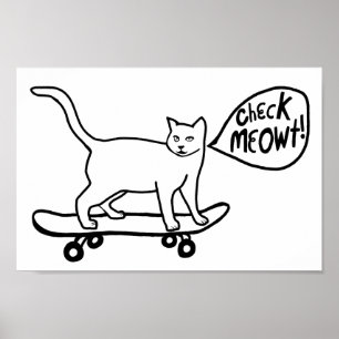 Kolla Meowt Punny Skateboarding Cat Black White Poster