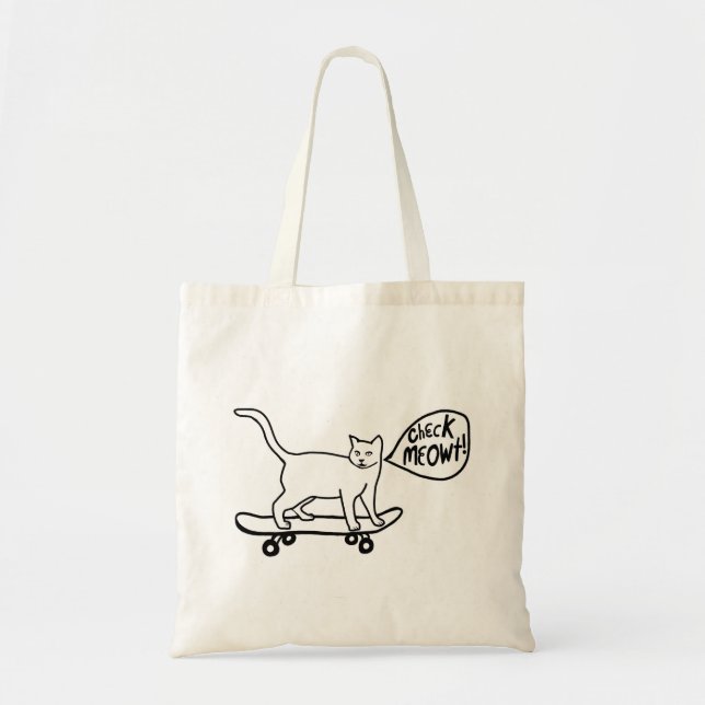 Kolla Meowt Punny Skateboarding Cat Black White Tygkasse (Framsidan)