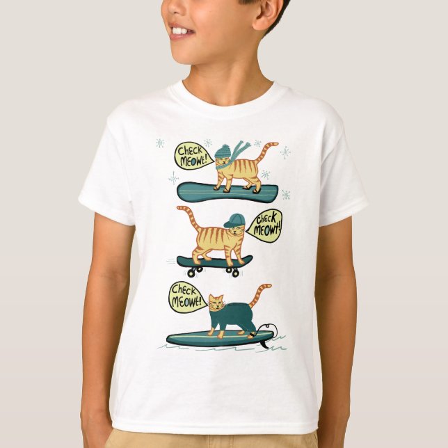 Kolla Meowt! Skateboard Sowboard Surfer Tabby katt T Shirt (Framsida)