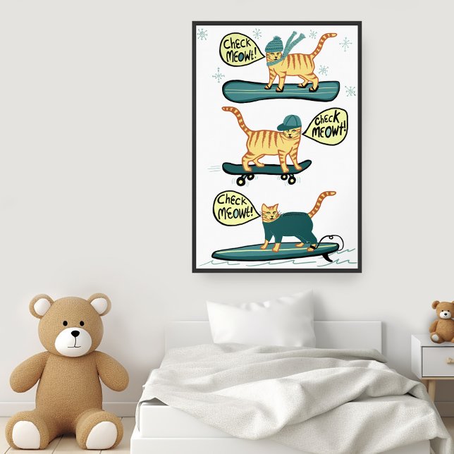 Kolla Meowt! Skateboard Surfer Snowboard Tabby kat Poster (Check Meowt! Skateboard Surfer Snowboard Tabby Cat Wall Art Poster perfect for kids room)