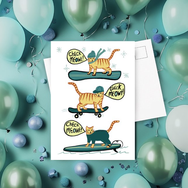 Kolla Meowt! Skateboard Surfer Snowboard Tabby kat Vykort (Check Meowt! Skateboard Surfer Snowboard Tabby Cat Postcard
)