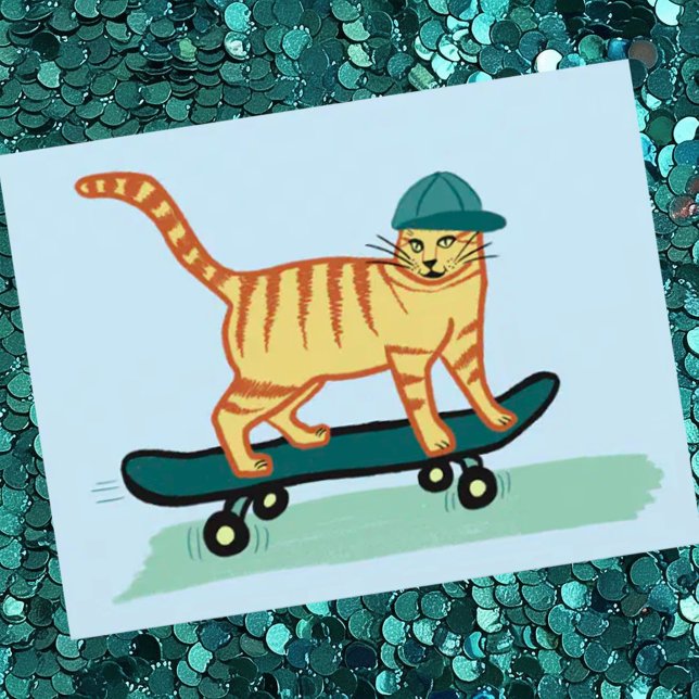 Kolla Meowt! Skateboarding Tabby katt CUSTOMIZE IT Vykort (Cute skateboarding cat custom postcard. Add your own text)