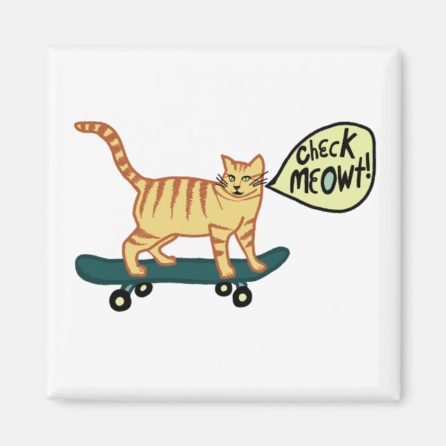 Kolla Meowt! Skateboarding Tabby katt Magnet (Framsidan)