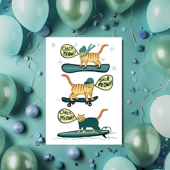 Kolla Meowt! Skivbordskort för snattor (Check Meowt! Skateboard Surfer Snowboard Cat Custom Greeting Card
)