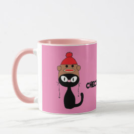 Kolla Meowt! Tecknad Black Cat w/ Sock monkey Hat Mugg