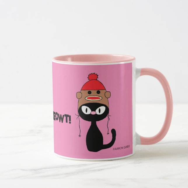 Kolla Meowt! Tecknad svart katt med strumpmonkeymö Mugg (Höger)