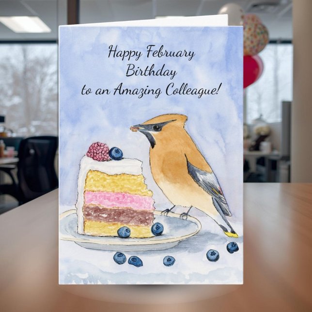 Kollega Glad födelsedag i februari Fågel Tårta Kort (Skapare uppladdad)