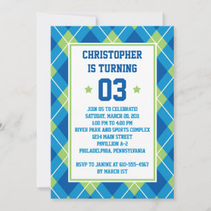 Kollegiera Stil Blue & Grönt Argyle 5X7 Birthday Inbjudningar
