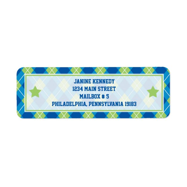 Kollegiera Stil Blue & Grönt Argyle Returadress Etikett (Framsidan)