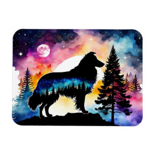Kollie på bergstoppen på den färgstarka skogen magnet
