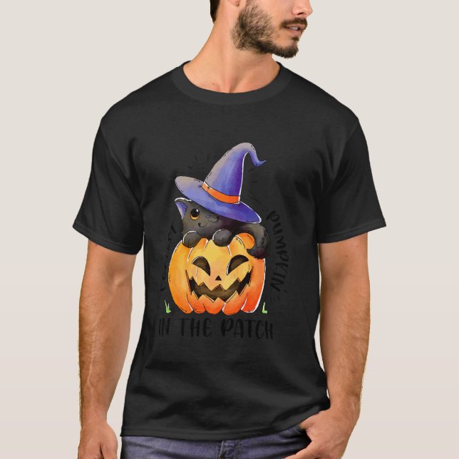 Kolmast Cat Witch Pumpkin in Patch Jack O Lan T Shirt (Framsida)
