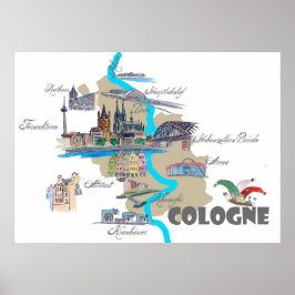 Köln karta med turisthögtider poster