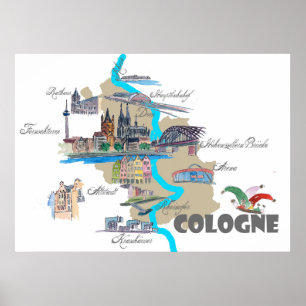 Köln karta med turisthögtider poster