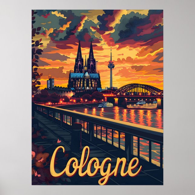 Köln Twilight: Cathedral Silhouette på Rhin Poster (Framsidan)