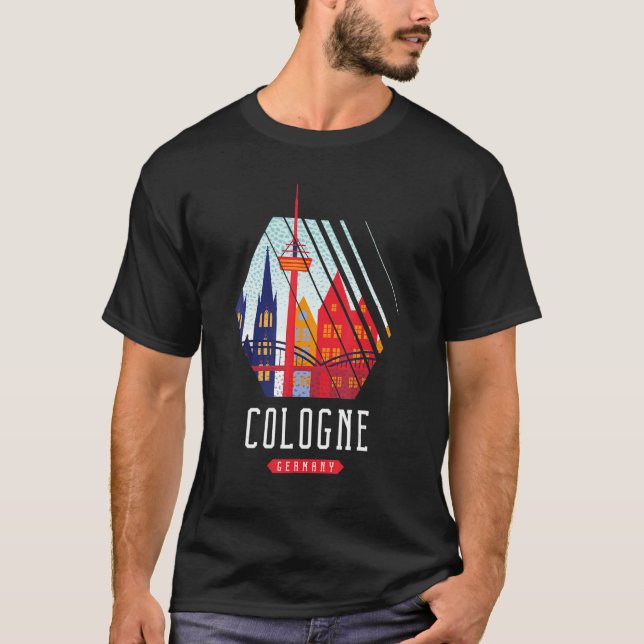 Köln Tyskland City Skyline Silhouette Outline Sk T Shirt (Framsida)