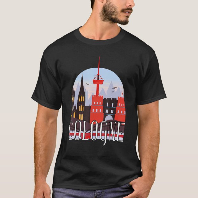Köln Tyskland City Skyline Silhouette Outline Sk T Shirt (Framsida)