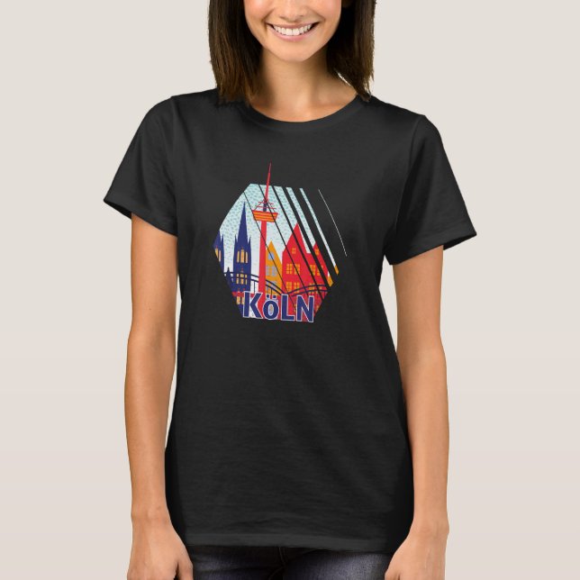 Köln Tyskland City Skyline Silhouette Outline Sk T Shirt (Framsida)