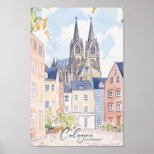 Köln Tyskland Gouache Paint Illustration Travel Poster
