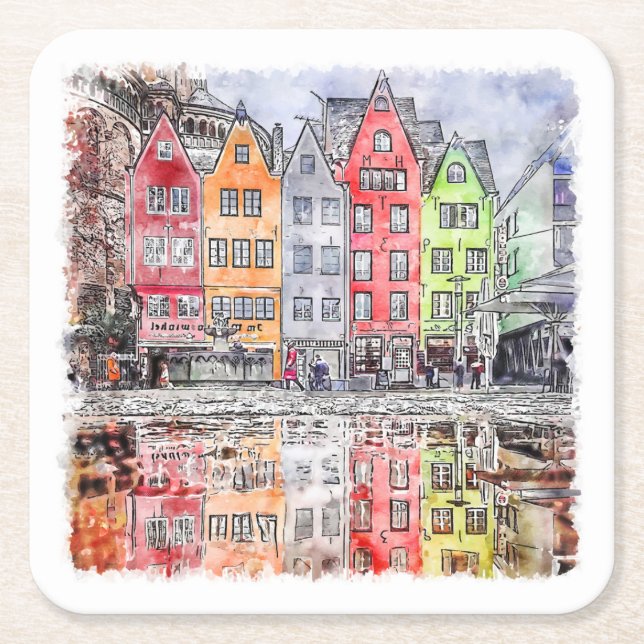 Köln Tyskland Hand plockade Watercolor Sketch Underlägg Papper Kvadrat (Framsidan)
