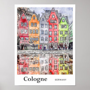 Köln Tyskland Travel Watercolor Sketch Poster