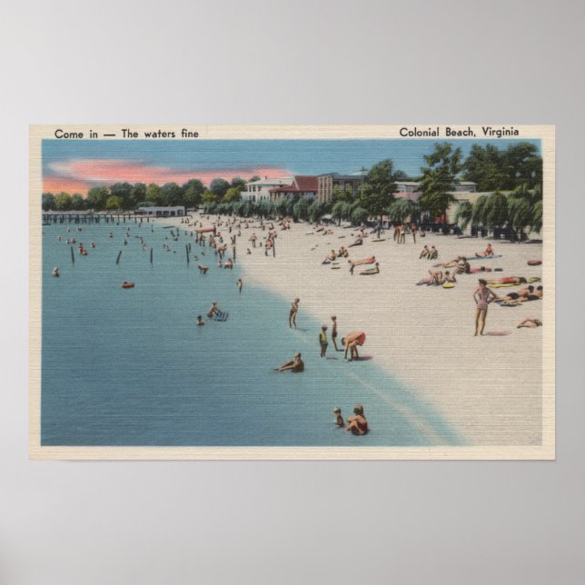 Kolonial Beach, VA - Sunbad & Swimming Scene Poster (Framsidan)