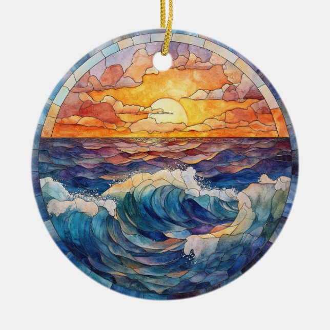KOLORFUL SUNSET OCEAN VÅGAR STAINED GLASLOOK JULGRANSPRYDNAD KERAMIK (Framsidan)