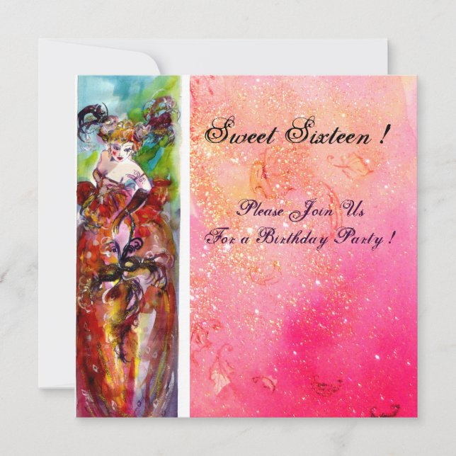 KOLUMBINE,Sweet sixteen Masquerad Party,fuchsia Inbjudningar (Framsida)
