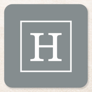 Kolväte Grått White Framed Monogram Underlägg Papper Kvadrat