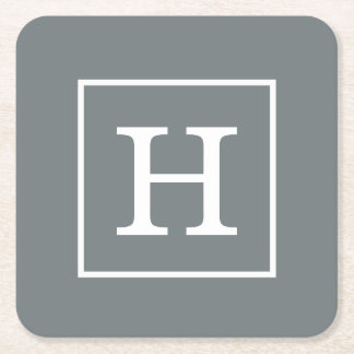 Kolväte Grått White Framed Monogram Underlägg Papper Kvadrat