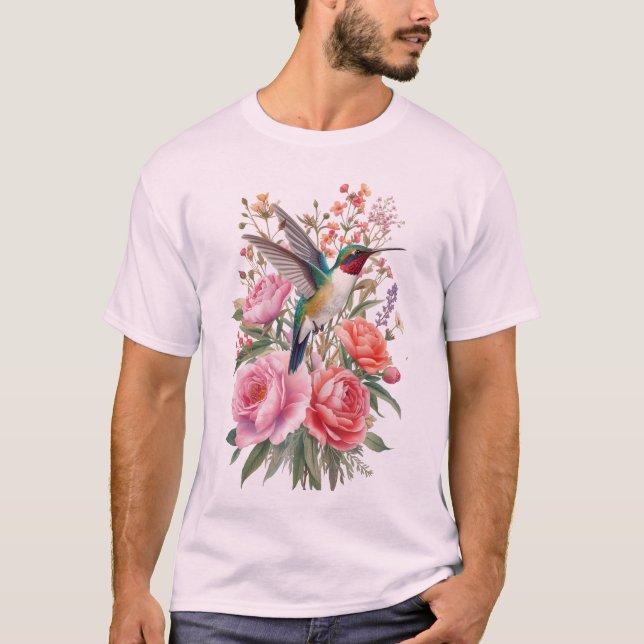 Kolvibri Botanisk Akvarell Vektor Konst T Shirt (Framsida)