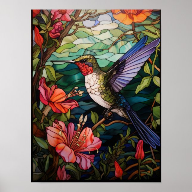 Kolvibri Färgat Glas Blomma Poster (Framsidan)