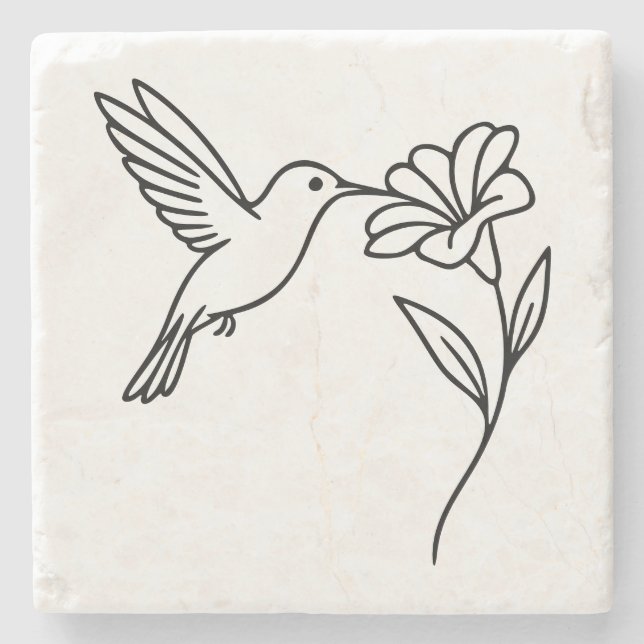 Kolvibri och blomma – minimalistisk svart linje ko stenunderlägg (Framsidan)