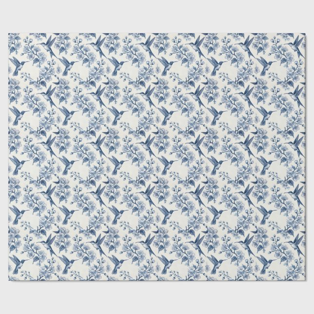 Kolvibri och grenar Blå Toile Chinoiserie Presentpapper (Seam)