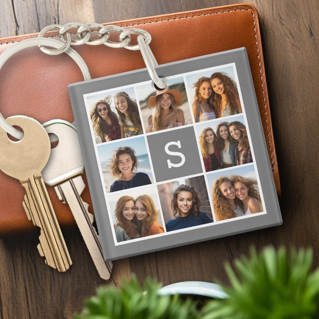 Kolvita 8 Photo Collage Anpassningsbar Monogram (Personalized keychain with photo collage and monogram)