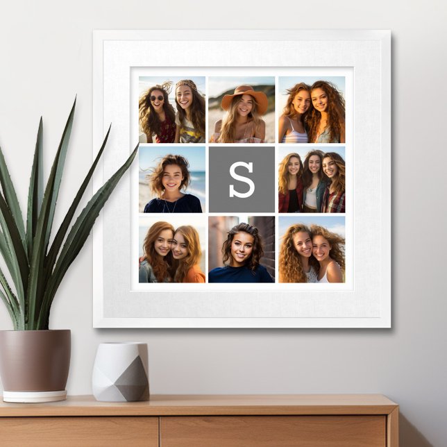 Kolvita 8 Photo Collage Anpassningsbar Monogram Poster (Personalized Wall Art with a Photo Collage and Monogram)