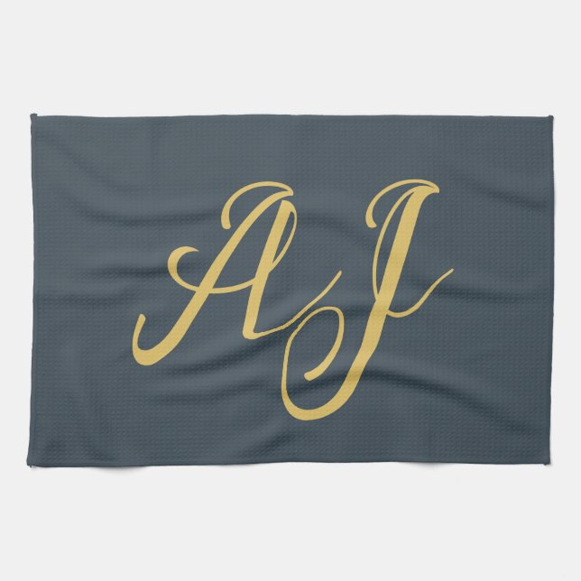 Kolvördad guld färg monogram professionell initial kökshandduk (Horisontell)