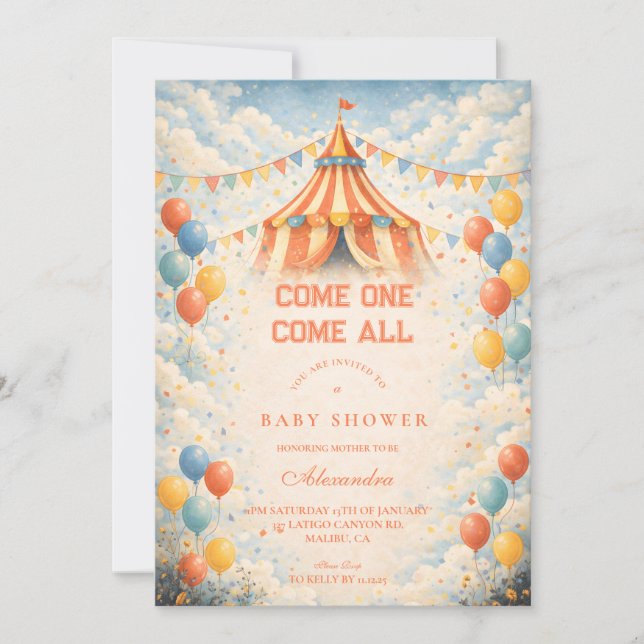 Kom en, kom alla Cirkus Baby Shower Inbjudningar (Framsida)